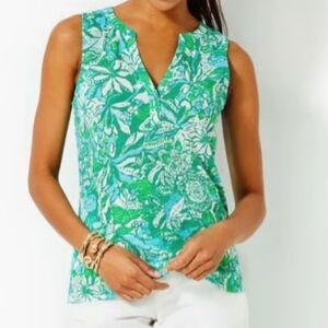 LILLY PULITZER Dev Knit Botanical Green Safari Sangria V-neck Sleeveless Large